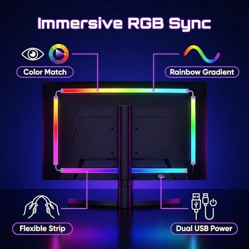 RGB Monitor Backlight with Screen Sync for 32 Inch Screens, Dual USB Powered LED Ambient Lighting Kit, Music Rhythm & Dynamic Modes, Immersive Bias Lighting for Home Office Gaming (4 Sides - 32 inch) - Image 5