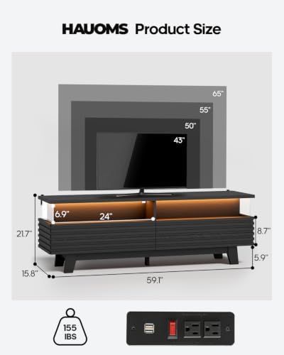 HAUOMS TV Stand for Living Room with Cable Management, Hidden Power Station (Black, 59 Inches) - Image 2