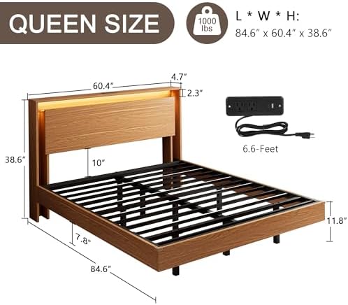 Einhomn Bed Frame Queen Size with LED Lights & Charging Station – Kids Wood Floating Queen Bed Frame with Storage Headboard, Adhesive Slats, Kick-Free & Noise-Free Design, Easy Assembly, Walnut - Image 2