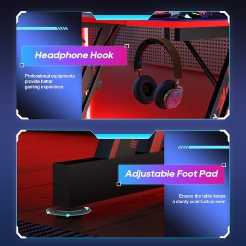 BestOffice Gaming Desk 35 in PC Computer Desk Z Shaped Gaming Workstation Ergonomic Gaming Table with Headphone Hook for Home Office,Black&Red - Image 5