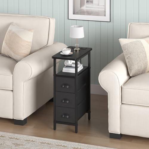 sthmec End Table with Charging Station,Narrow Side Tables with USB Ports and Outlets,Skinny Bedside Tables with 3 Drawers,Small Tables Nightstands for Small Space,Slim Sofa Table for Livingroom,Black - Image 2