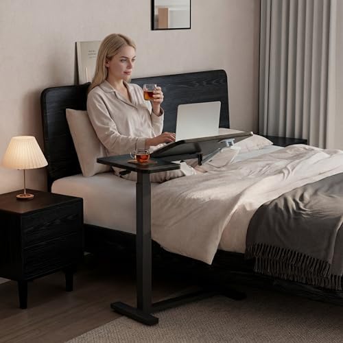 Solid Wood Overbed Bedside Table with Wheels, Tilting Adjustable Hospital Bed Table Over The Bed, Medical Mobile Laptop Stand, Rolling Standing Desk for Hospital and Home Use(Black) - Image 3