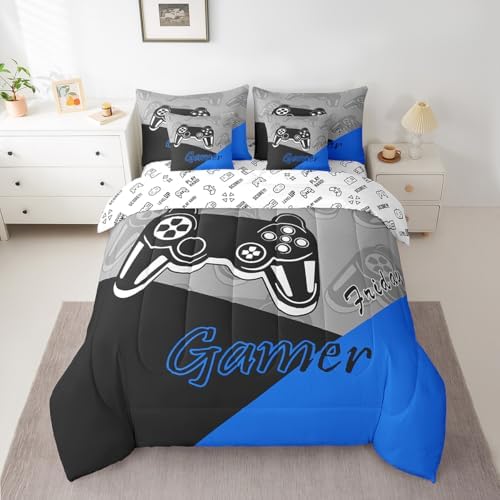 Feelyou Gaming Bed in a Bag for Boys Teen Video Game 7 Piece Bedding Set King Size for Kids Gamer Comforter Set with Sheets for All Season Gamepad Home Decor Bed Set Blue Black Grey - Image 2