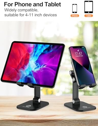 OCYCLONE Cell Phone Stand + 2 PCS Cable Organizer, Angle Height Adjustable iPhone Stand for Desk, Foldable Cell Phone Holder Tablet Stand Compatible with 4.7"-13" Phone Tablet - Image 4
