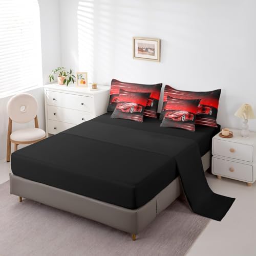 Feelyou Red Race Car Bedding Set 7 Piece Boys Girls Speed Sports Car King Comforter Set with Sheets for Kids Extreme Sports Bed in a Bag Lighting Honeycomb Theme Bed Set Room Decor - Image 4