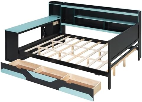 Merax Queen Size Gaming Daybed with Integrated Desk and Lights, Wooden Platform Bed Frame with 3 Storage Drawers and Built-in Charging Station, Multi-Functional Headboard Shelves, No Box Spring Needed - Image 7