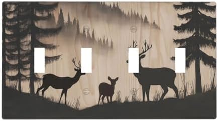 Decorative Switch Plate Covers Rustic Black Deer Elk Brown Wood Board Pine Tree 4 Gang Light Switch Cover Plate Quad Toggle Wall Plate 4 Hole Electrical Switchplatedimmer Faceplate Decor by JOOJIAO