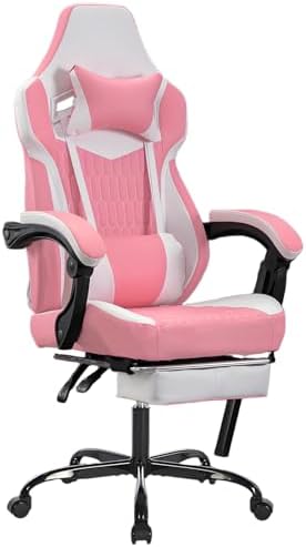 Leather Ergonomic Gaming Chair with Footrest, Cute Pink Gaming Chair with Comfortable Headrest & Lumbar Support for Adults Women Girls, Comfy, 300 LBS Capacity (Pink) by HRVEOCEI