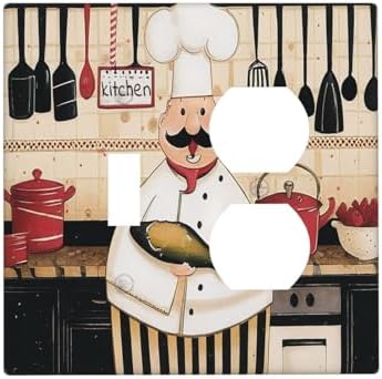 Decorative Outlet Covers Cartoon Fat Happy Chef Cook 2 Gang Combination 1 Toggle/1 Duplex Light Switch Cover Gfci Wall Plate Electrical Receptacle Switchplate for Farmhouse Kitchen Decor by JOOJIAO
