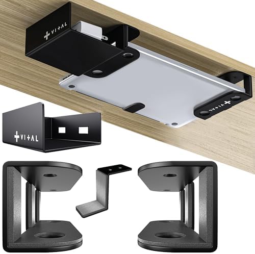 VI+AL Under Desk Laptop Mount - Hidden Metal Shelf with Side Storage - Installs with Tape & Screws - Fits Devices up to 1.7" Thick - Standard (No Hook or Cable Organizer) by Unknown