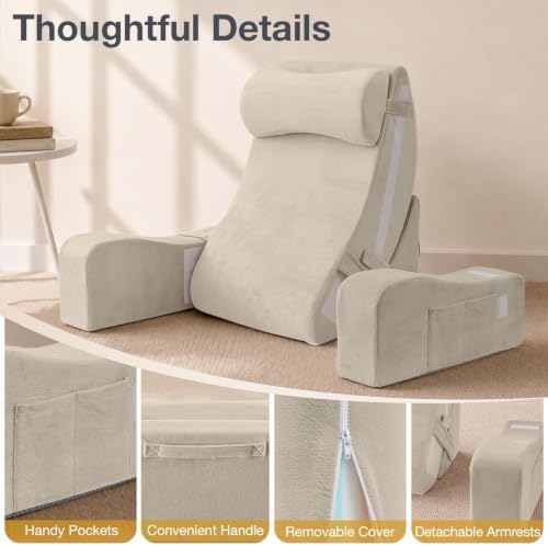 Sasttie 15-25 inch Adjustable Reading Pillow with Armrests, Beige - Image 4