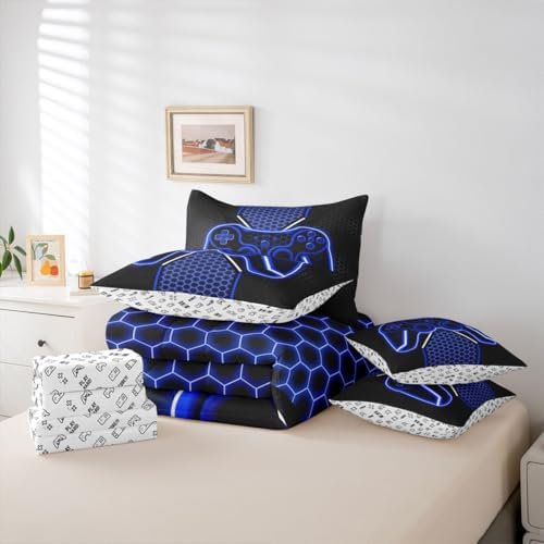 Feelyou Blue and Black Bedding Set Queen Size Gamer Comforter Set with Sheets 7 piece Game Controller Bed in a Bag Teens Decor Honeycomb Bed Set with Comforter,Sheets,Pillowcases & Cushion Covers - Image 5