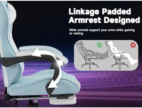Gaming Desk Chair for Adults, Ergonomic Gaming Chair (Blue+White) | with Footrest & Headrest and Lumbar Support, Leather Material Height Adjustable computer Video Game Chairs - Image 6