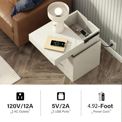 ChooChoo LED Nightstand Set of 2,Smart Night Standwith Charging Station and Sliding Top Storage, White - Image 4