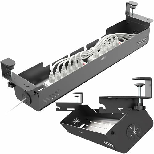 VIVO No Drill 35 inch Under-Desk Clamp-On Cable Management Box with Flip-Open Lid, Easy-to-Open Steel Cord and Power Strip Organizer, Cable Organizer Tray, 11 lbs Capacity, Black, DESK-ACMB35-C by VIVO