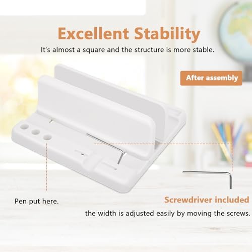 Vertical Laptop Stand Holder, ABS Organizer with Adjustable Dock, 3/4 in 1 Design Extra Storage Space-Saving, Sturdy Laptop Computer Holder for PC, MacBook, Mini PC, iPad (White, 1 Slot) - Image 6