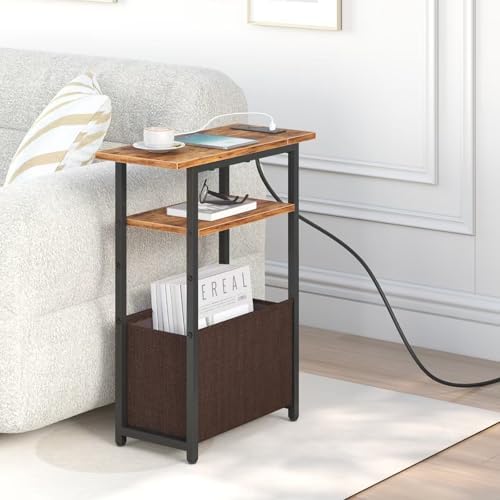 sthmec Narrow Side Table with Charging Station, Small End Table for Small Spaces, Skinny Nightstands with Storage Basket, 3 Tier Sofa Couch Bedside Tables for Living Room,Bedroom, Rustic Brown - Image 4