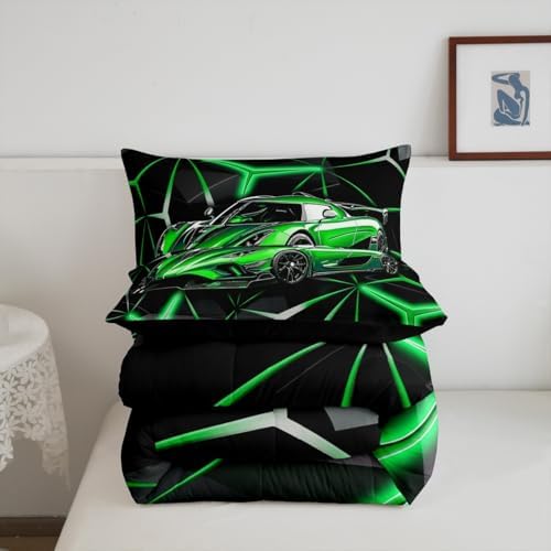 Feelyou Sports Car Bedding Set for Boys, Green Race Car Comforter Set King Size for Kids Teens Adult, Cool Speed Car Bedding Comforter Sets Extreme Sports Quilt Race Car Decor Quilt Set for Boys - Image 5