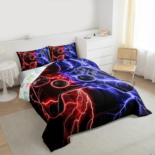 Erosebridal Gaming Comforter Set Gamer Twin Bedding Sets for Girls, Video Game Consoles Comforter Red Blue Lightning Quilt,Gaming Decor for Boys Bedroom - Image 2