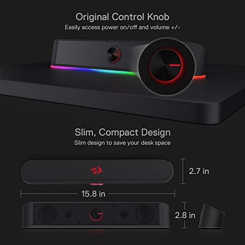 Redragon GS560 RGB Desktop Soundbar, 2.0 Channel Computer Speaker with Dynamic Lighting Bar Audio-Light Sync/Display, Touch-Control Backlit with Volume Knob, USB Powered w/ 3.5mm Cable, Black - Image 7