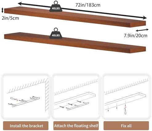 72 inch Long Floating Shelves for Wall,Solid Wood Long Shelves Set of 2,Orange Rustic Wall Mounted Shelves with Heavy Duty Brackets (Orange, 72 Inch) - Image 2