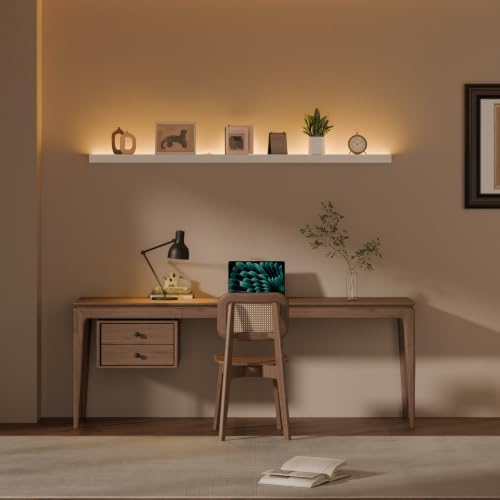 60 inch LED Gaming Floating Shelves for Wall,Solid Wood Long Wall Shelves Set of 1 with Light for Gaming Room,White Rustic Wall Mounted Shelves for Living Room Bedroom Kitchen Garage - Image 6