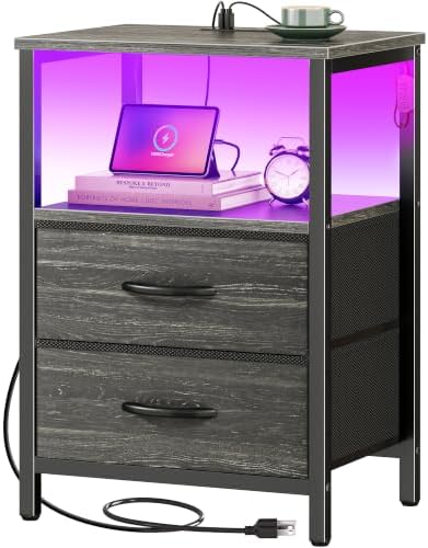 Huuger Night Stand with Charger Station and LED Lights, 2 Drawer Nightstand by Huuger