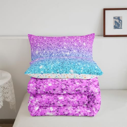 Colorful Glitter Bedding Twin Girly Turquoise Teal Blue Pink Pastel Girls Comforter Set 2 Pcs Trendy Quilt Duvet for Kid Women Down Comforter with Sparkle Sequin Pattern Bling Bedroom Decor Bed Cover - Image 6