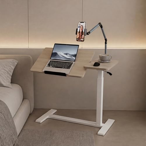 Adjustable Overbed Bedside Table with Wheels Pneumatic Mobile Standing Laptop Desk Rolling Computer Cart Movable Couch Desk Hospital Bed Table, Natural Wood by Unknown