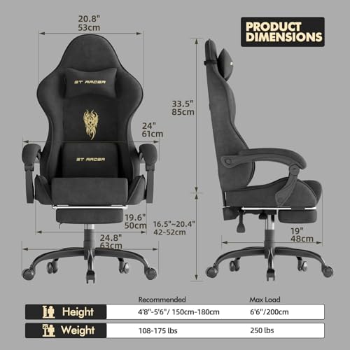 Ferghana Velvet Fabric Gaming Chair, High Back Ergonomic Gamer Chair for Adult, Comfortable Video Game Chair with Footrest and Massage Lumbar Cushion, Racing Reclining Office Computer Desk Chair Black - Image 3