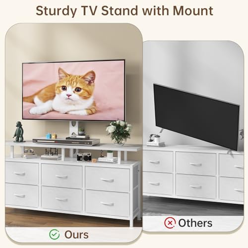 White TV Stand with Mount for 32/45/55/60/65/75 inch TVs, Entertainment Center with 6 Fabric Drawers & Open Shelf, TV Media Console for Living Room, Bedroom - Image 5
