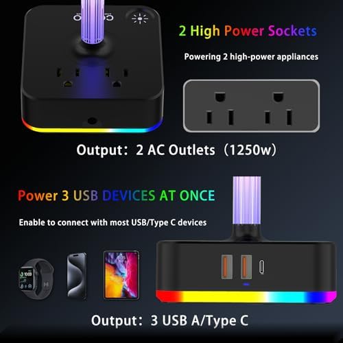 cozoo RGB Headphone Stand with Charger 3 USB Ports and 2 AC Outlets,2 USB-A 1 Type C,Desk Gaming Headset Holder with 9 Light Modes,PC Gaming Desk Accessories,Gamer Gifts,RGB Gaming Stuff Headset Stand - Image 3