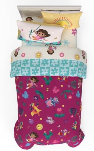 Dora The Explorer Kids Bedding Set Super Soft & Cozy Reversible Microfiber Comforter and Sheet Set with Sham, 5 Piece Twin Size, (Officially Licensed Product) By Franco by Franco