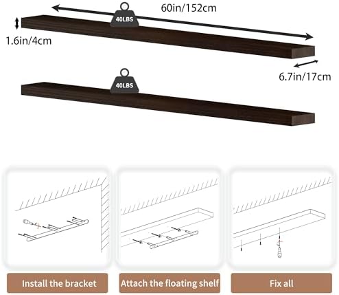 60 inch Long Floating Shelves for Wall,Solid Wood Long Shelves Set of 2,Walnut Rustic Mounted Shelves for Bathroom Bedroom Laundry Room (Walnut, 60 Inch) - Image 2