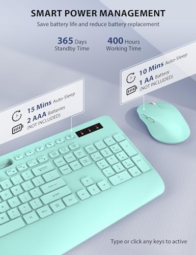 Wireless Keyboard and Mouse Combo - Full-Sized Ergonomic Keyboard with Wrist Rest, Phone Holder, Sleep Mode, Silent 2.4GHz Cordless Keyboard Mouse Combo for Computer, Laptop, PC, Mac, Windows (Green) - Image 5