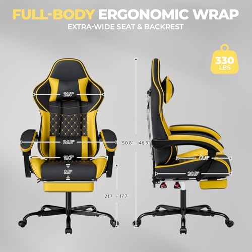 Ergonomic Video Gaming Chair Blackyellow | Massage Lumbar Support, 90°-135° Reclining with Footrest, Adjustable Height 360° Swivel PU Leather Office Chair for Adults - Image 2