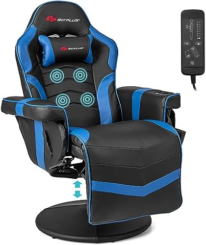 Goplus Gaming Chair, Height Adjustable Massage Video Game Chair with Retractable Footrest, Cup Holder, Headrest, Swivel Office Chair, Racing Style Swivel Gamer Chair (Blue) by Goplus