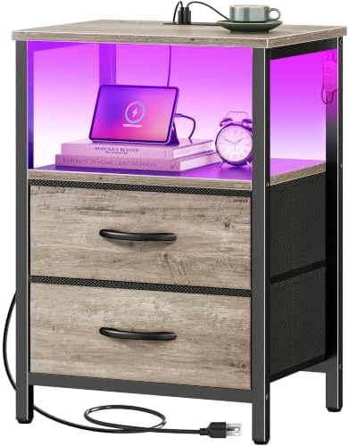Huuger Night Stand with Charger Station and LED Lights, 2 Drawer Nightstand by Huuger