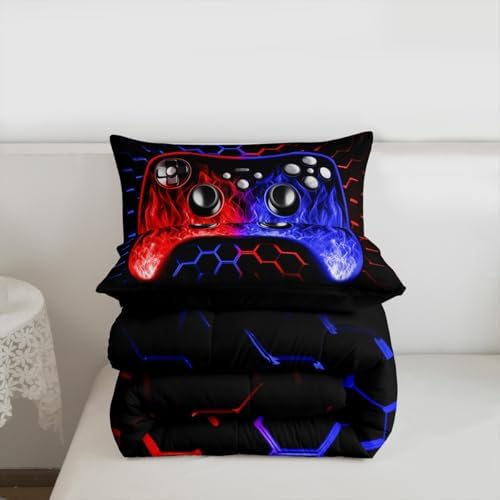 Erosebridal Honeycomb Gamer Kids Comforter Set Red Blue Neon Lights Game Consoles King Bedding Set Ombre Art Geometry Hexagon Beehive Duvet Set Gaming Decor for Boys Bedroom Decor - Image 7
