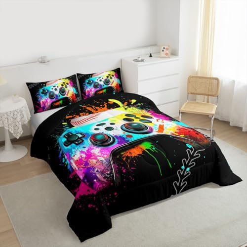 Erosebridal Gaming Bedding Set - Baseball Full Comforter Set, Watercolor Game Console Comforter Set, Rainbow Tie Dye Sports Bedding Set for Boys, Gamer Decor for Boys' Bedroom - Image 6