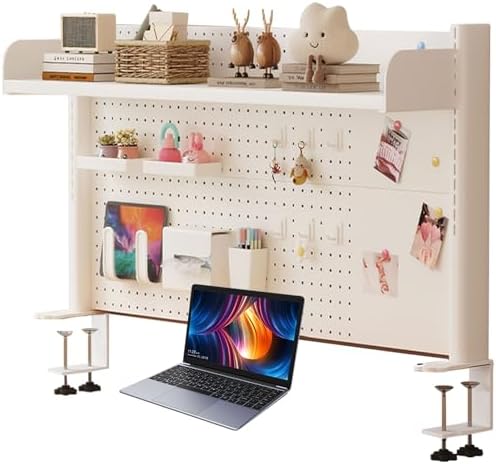 Pegboard Wall Organizer Panels.Clamp On Desk Shelf - 2 Tier Pegboard Display Rack for Home Office, Dorm, Gaming, & Computer - 23.6in White Storage Solution by Unknown