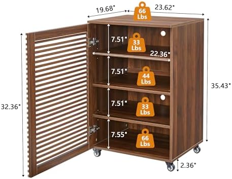 LEVNARY 5-Tier AV Media Cabinet with Grille Door & Adjustable Shelves, Modern Wooden Stereo Rack with Cable Management & Wheels, Audio Video Stand for Living Gaming Room Recording Studio (Walnut) - Image 2