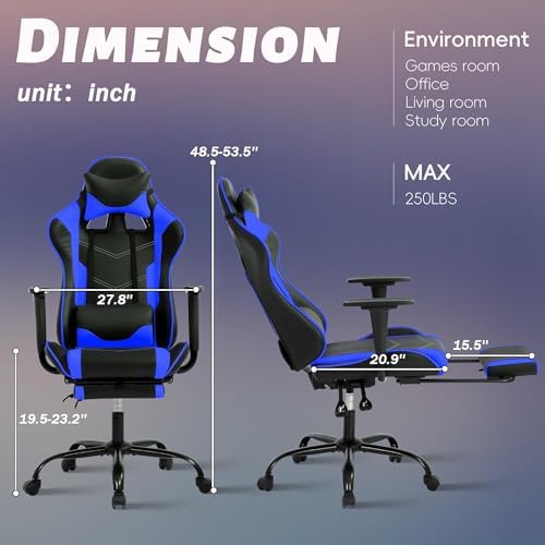 Gaming Chair, High Back PU Leather Gaming Chairs Computer Chair with Headrest & Lumbar Support, Height Adjustable Wide Seat Gaming Chairs for Adults, Game Chair with Footrest & Armrest (Blue) - Image 7