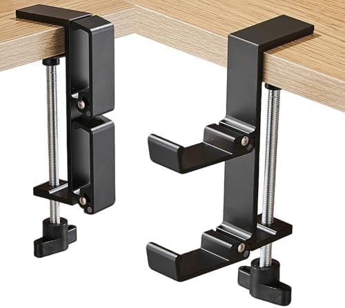 Under Desk Headphone Hanger with Dual Folding Hooks, Anti-Accidental Touch Design, Aluminum Alloy Clamp Mount, Space-Saving Anti-Accidental Touch Under Desk Clamp for PC Gaming Headsets, Office Desk by JAKO