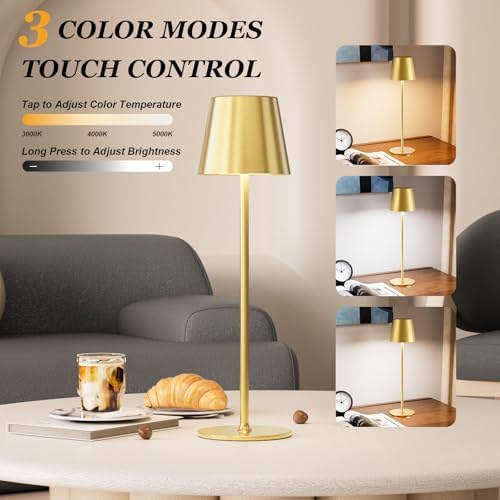 Cordless Table Lamp Rechargeable Gold - KK 2 Pack 5000mAH Battery Operated Lamp for Dining Table, 3 Color Stepless Dimming Wireless Lamp for Counter, Outdoor Patio, Touch Control, Water Repellent - Image 2