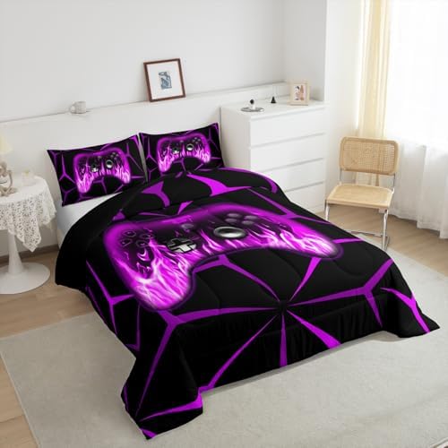 Feelyou Kids Boys Gamer Comforter Set,3D Gaming Bedding Set King Size,Teens Boys Bedroom Room Decor,Purple and Black Video Game Comforter,Gaming Bed Set All Season for Game Lovers - Image 4