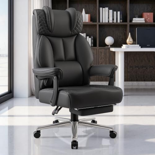 BestGlory Office Desk Chair, Big and Tall Leather Gaming Chair with Footrest, Ergonomic Comfy Executive High-Back Reclining Computer Chairs, Wide Swivel Rolling Wheels and Padded Lumbar Support, Black by Bestglory