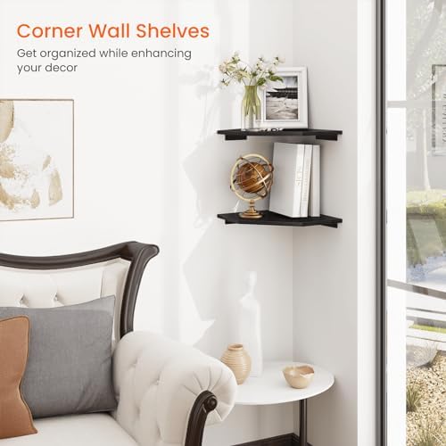 Homode Corner Shelf Wall Mount, Set of 2 Corner Floating Shelves with Wire Hole for TV, Cable Box, Wood Hanging Storage Shelf Organizer for Bathroom Kitchen Living Room Bedroom, Black - Image 4
