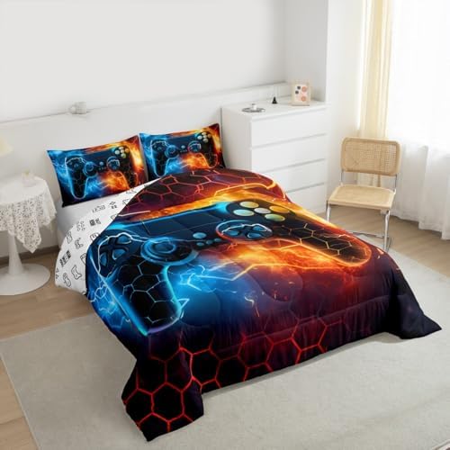 Feelyou Kids Boys Blue Red Gamer Comforter Full Size, Honeycomb Gaming Comforter Set for Lightning Gamer Bedding Set Game Duvet Set with 2 Pillow Case Room Decor Quilt Set Bedding Collection - Image 2