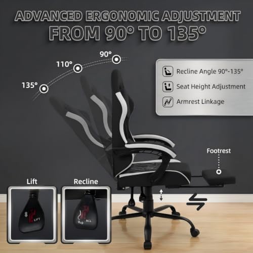 Video Gaming Chair, Ergonomic Office Chair with Footrest, Lumbar Support and Linkage Armrests, Swive Home Video Game Chairs for Adults, Black - Image 4